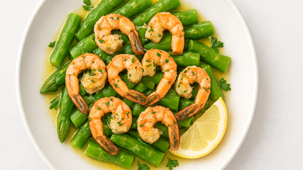 Leichte Vorspeise: Garnelen auf Spargelbett