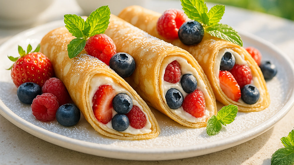 Pfannkuchen-Röllchen mit Vanillesauce und Beeren