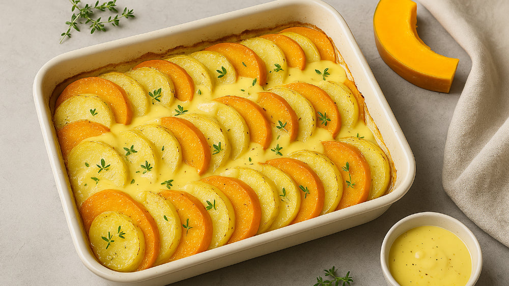 Kürbis-Kartoffel-Gratin mit Sauce Hollandaise