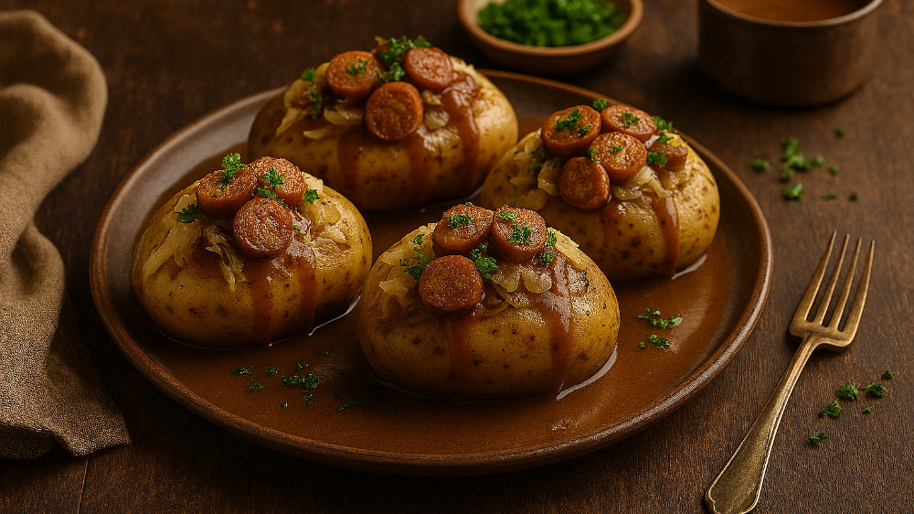 Gefüllte Ofenkartoffeln mit Sauerkraut, Bratwurst und Bio Feinkost-Sauce