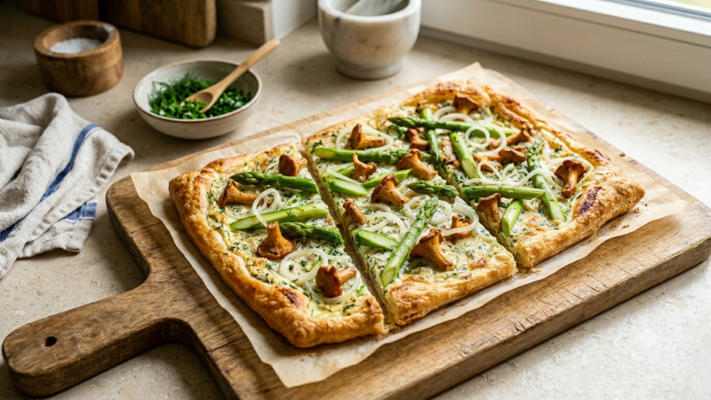 Knuspriger Flammkuchen mit Spargel & Pfifferlingen