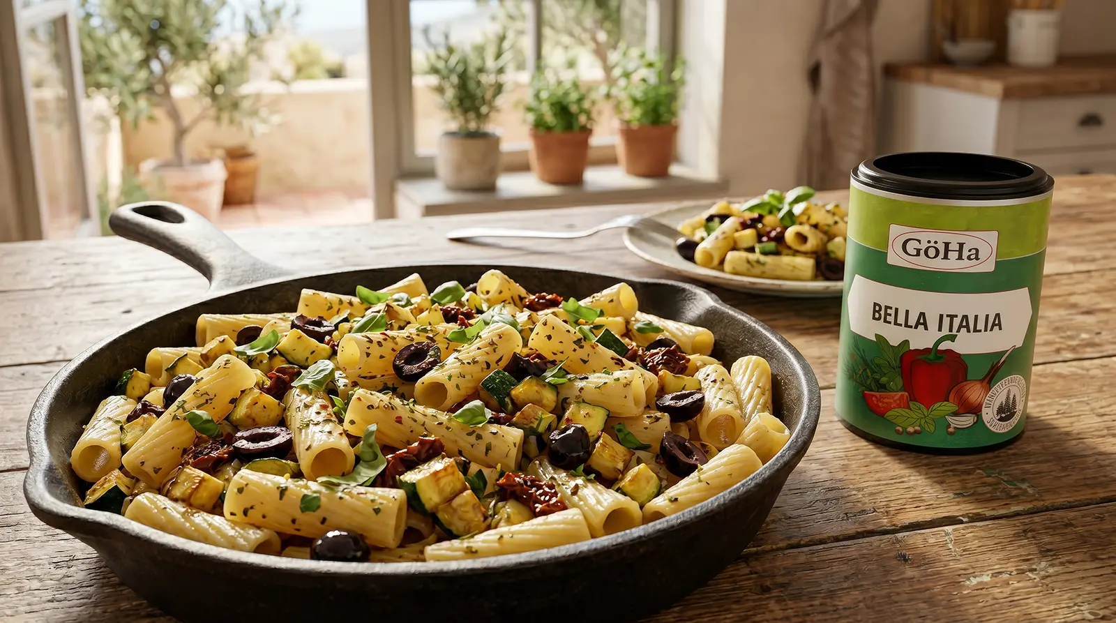 Mediterrane Rigatoni-Pfanne mit Zucchini und Tomaten