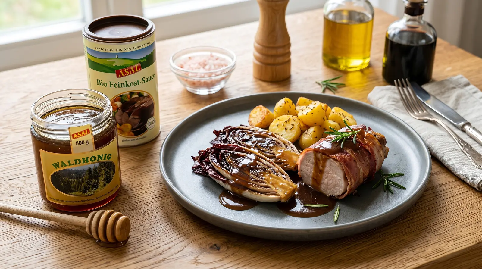 Saftiger Schweinerücken auf Honig-Radicchio