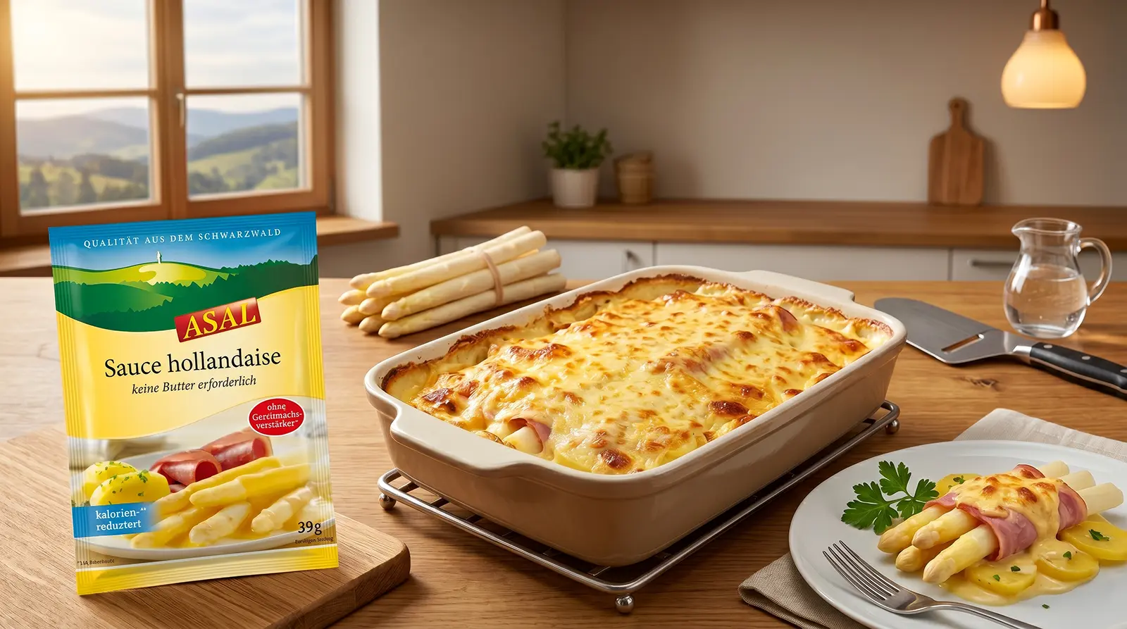 Herzhaftes Spargelgratin mit Schinken und Sauce Hollandaise