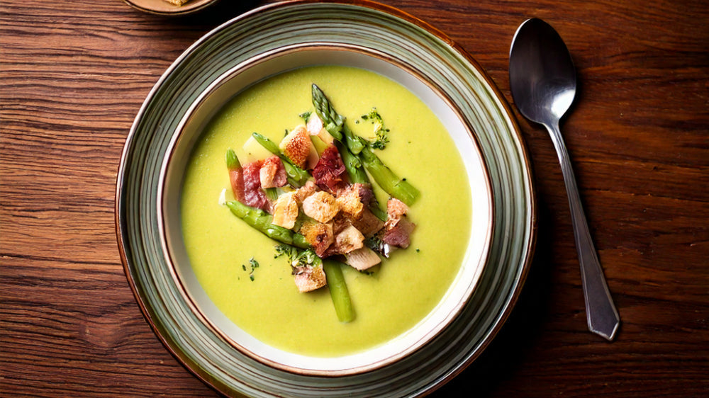 Spargelcremesuppe mit Speck & Croutons für echte Genießer
