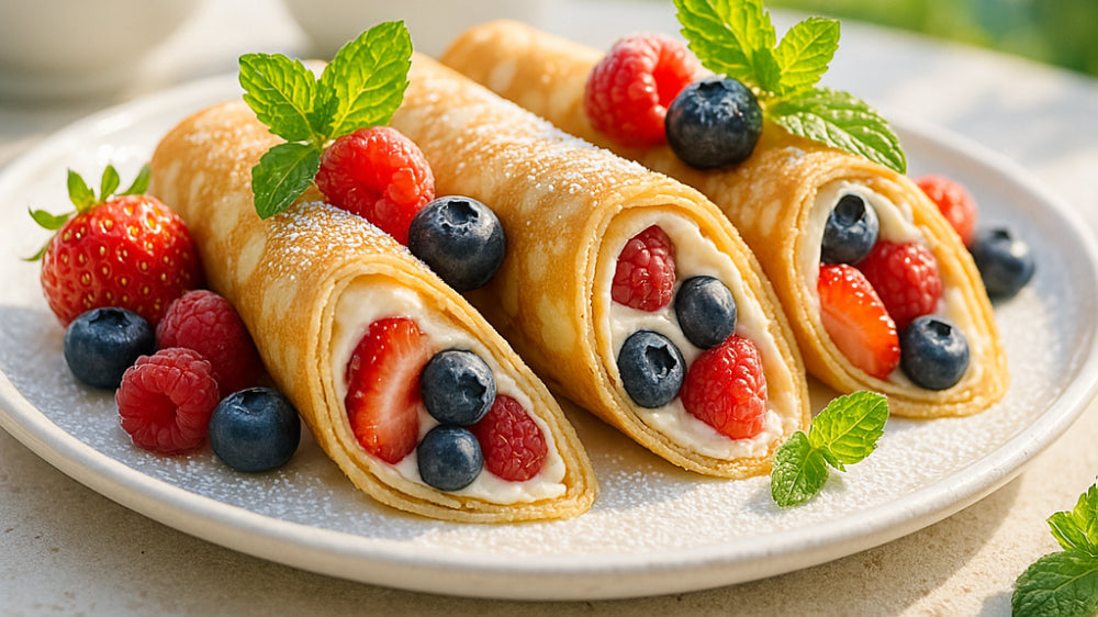 Pfannkuchen-Röllchen mit Vanillesauce und Beeren