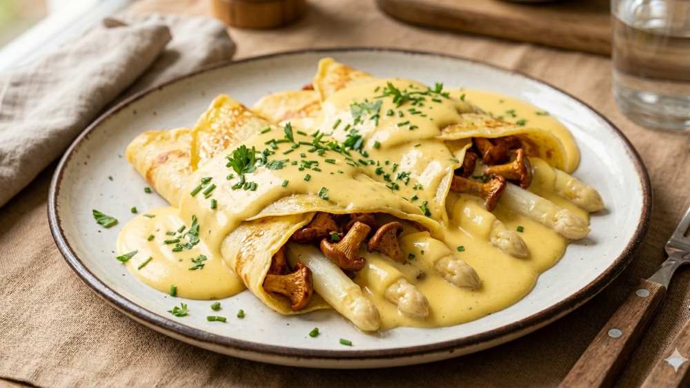 Frühlings-Pfannkuchen mit Spargel, Pfifferlingen & Sauce Hollandaise 