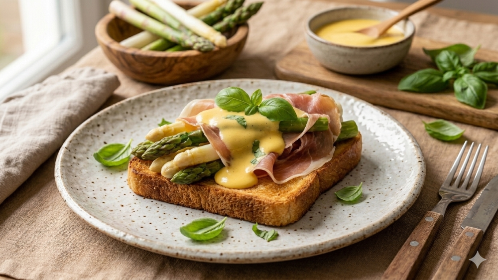 Knuspriger Spargel-Toast mit Parmaschinken und Hollandaise
