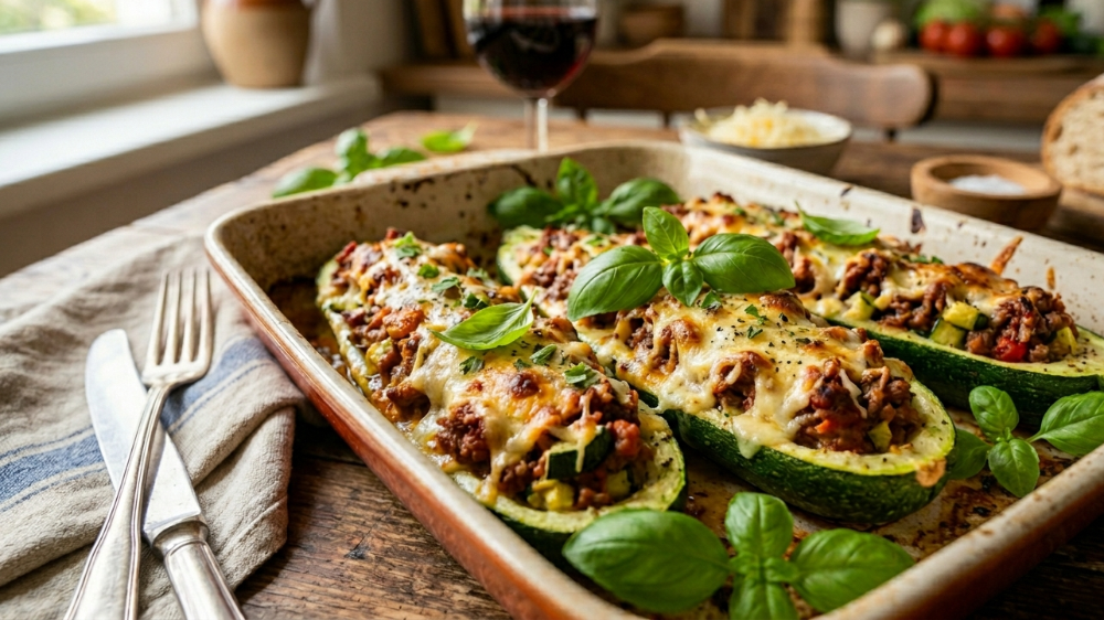 Gefüllte Zucchini-Boote mit Bolognese