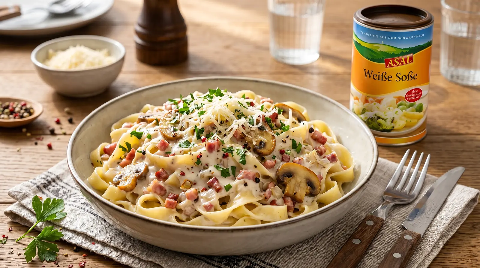 Herzhafter Pasta-Genuss: Bandnudeln in cremiger Speck-Sauce