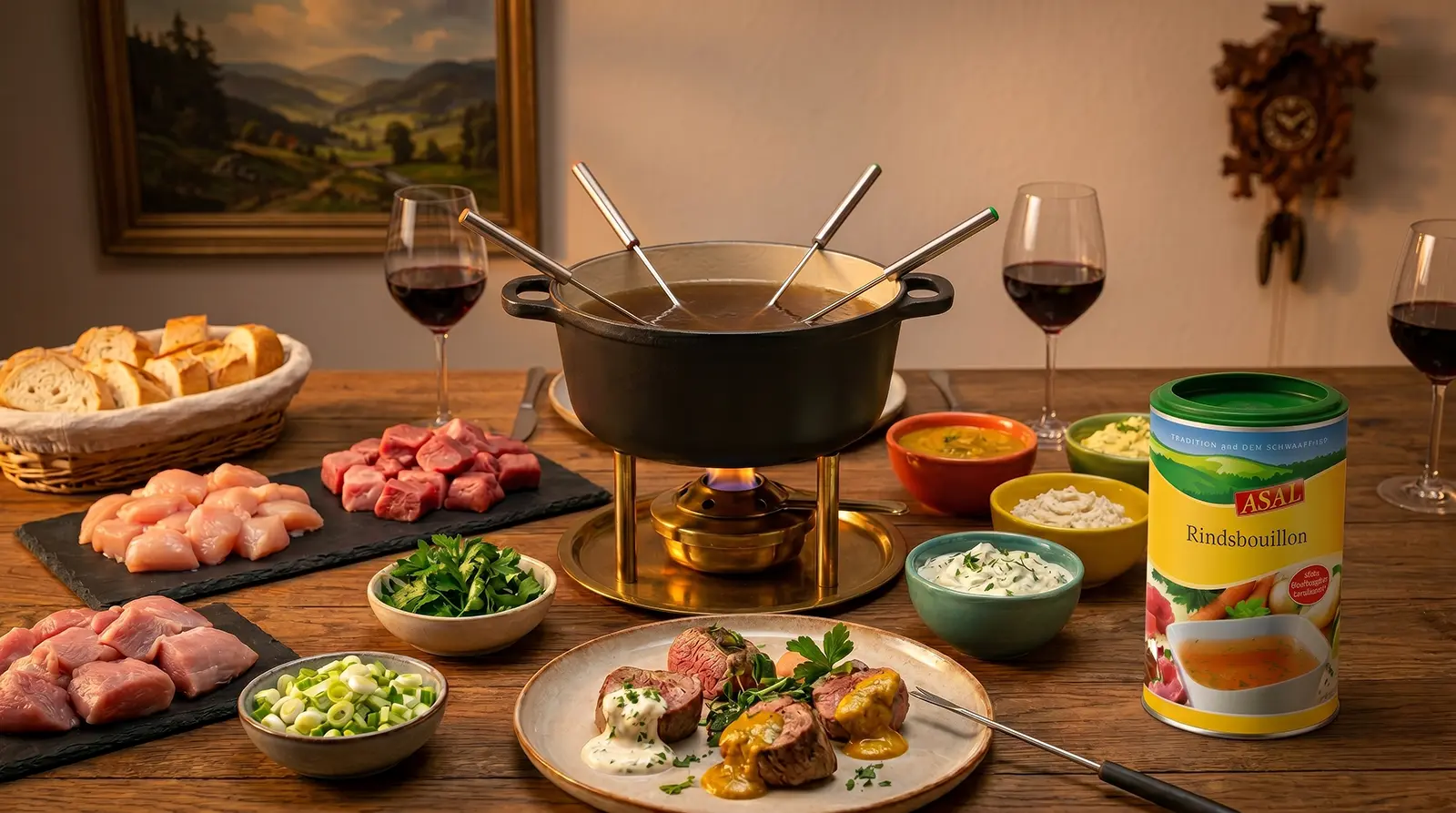 Fondue mit kräftiger Rindsbouillon