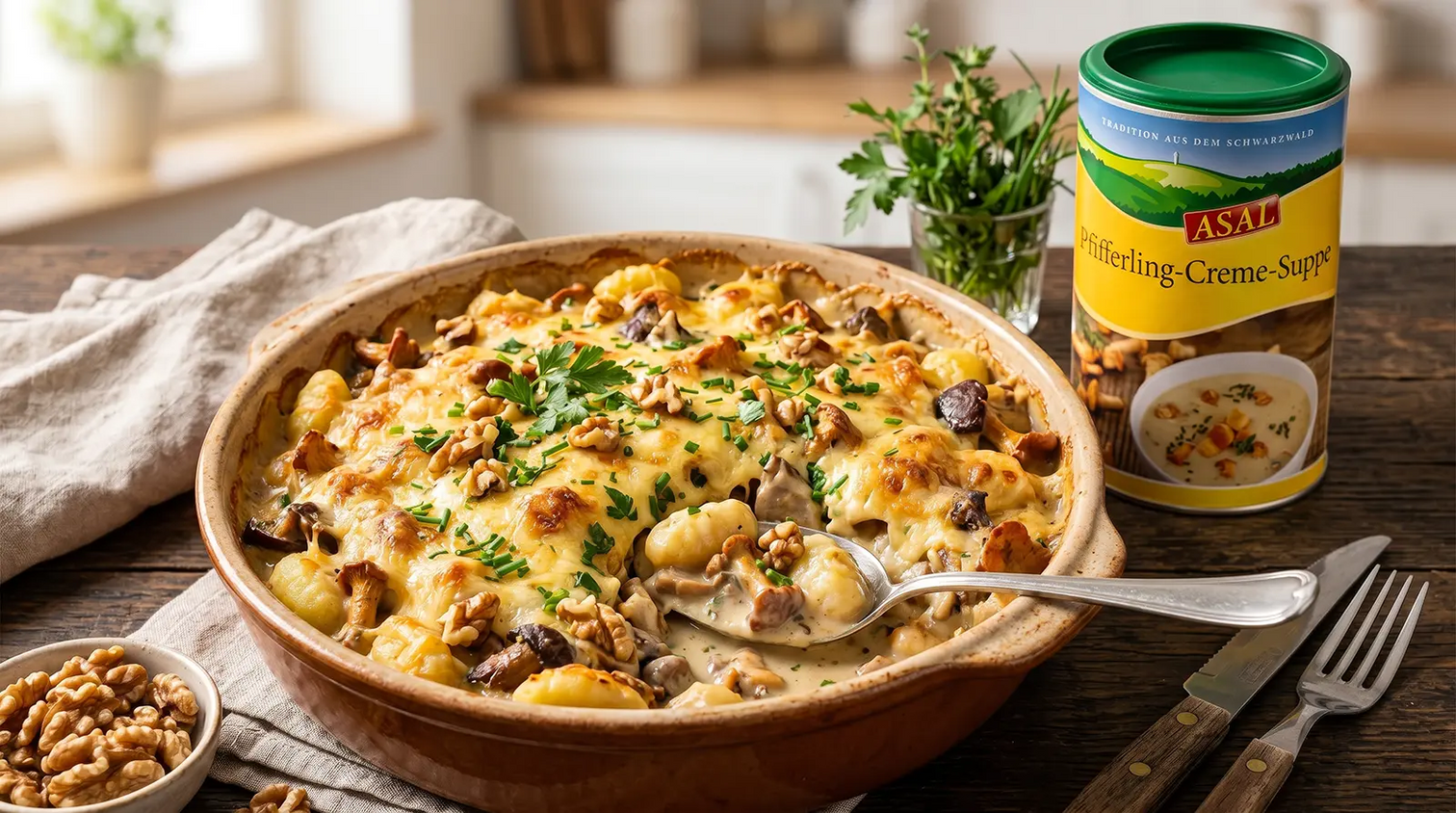 Überbackene Gnocchi mit Pilzen und Pfifferling-Walnuss-Sauce 