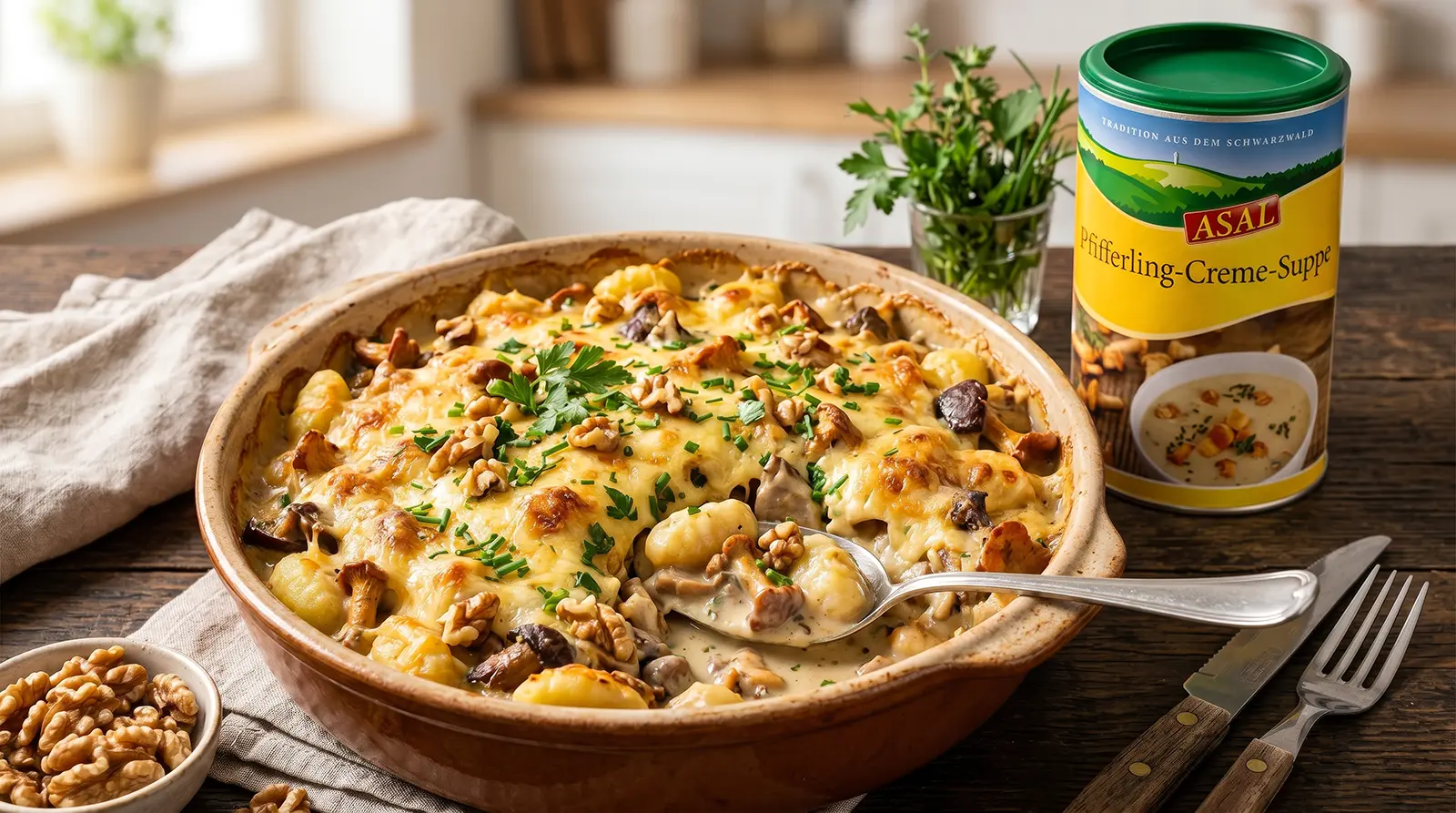 Überbackene Gnocchi mit Pilzen und Pfifferling-Walnuss-Sauce 