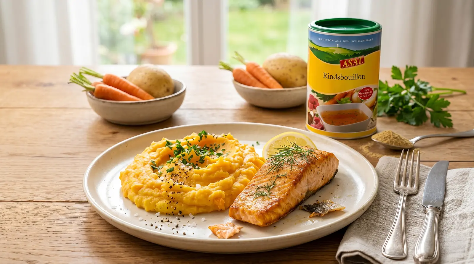 Kartoffel-Karotten-Püree mit Rindsbouillon