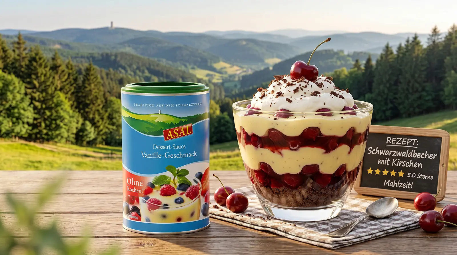 Schwarzwaldbecher mit Kirschen und Vanillesauce