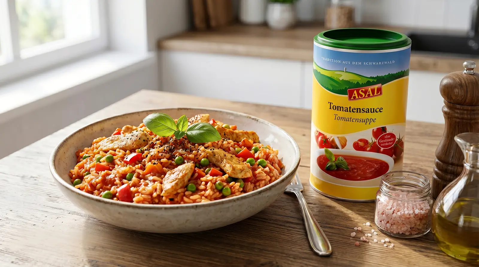 Schneller Tomatenreis mit Hähnchenstreifen